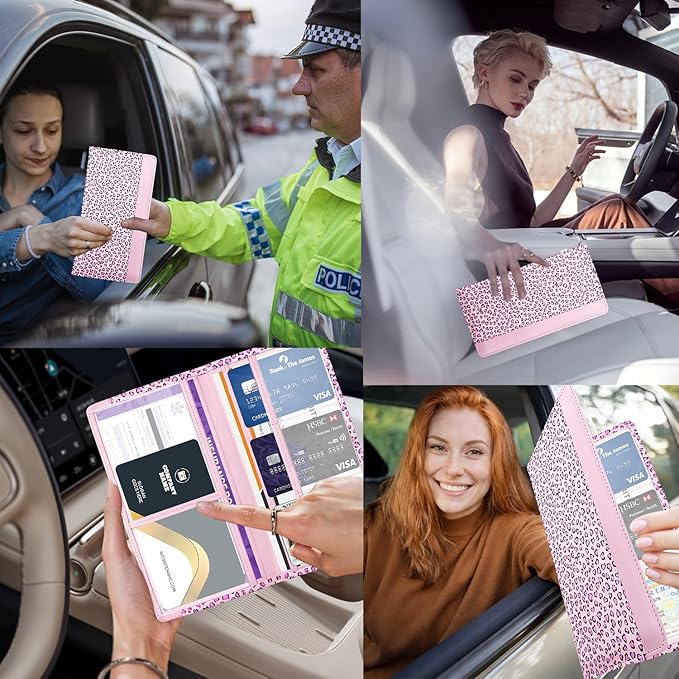FinestHouse Car Registration and Insurance Holder with Magnetic Closure, Universal Document Organizer for License, Insurance Cards & Glove Box Storage (Leopard-Pink)