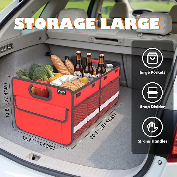 Homeve Trunk Organizer, Car Storage, Reinforced Handles, Collapsible Multi-Compartment Car Organizers, Foldable, Waterproof, 2 Compartments, Suitable for Car Accessories, SUV (Red, Standard)