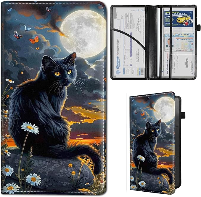 Qindaiwen Car Registration and Insurance Holder, Vehicle Card Document Elastic Band Closure Glove Box Organizer, Driver License Cards, Car Accessories for Essential Info, Cat Moon 02