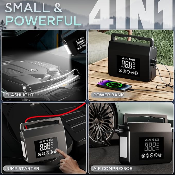 Hieha 4000A Portable Jump Starter with Air Compressor, 12V Car Battery Power (All Gas 8L Diesel) with 150PSI Tire Inflator 8000mAh PowerBank & Quick Charge, Flashlight, Emergency kit for Car, Truck