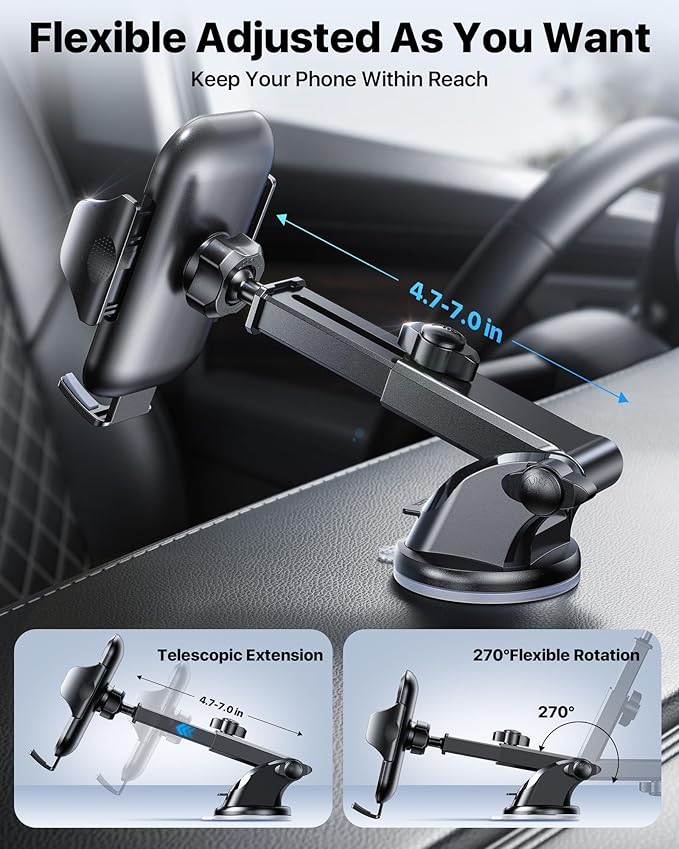 andobil Car Phone Holder, 2026 Military-Grade 89lbs Strongest Suction Phone Holders for Your Car Dashboard/Windshield/Vent Easy Clamp Cellphone Holder Truck Stand for iPhone 17 16 15 Pro Samsung Grey