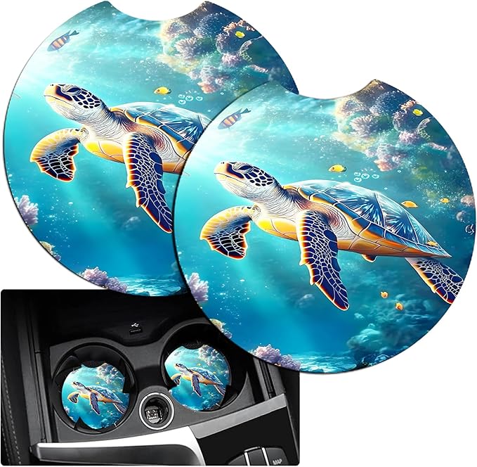 JANENFNA Car Armrest Cover Pads Universal Fashion Cute Auto Center Console Armrest Cover Pad with 2PCS Car Coasters Soft Waterproof Car Armrest Seat Protector for Women,Cute Turtle