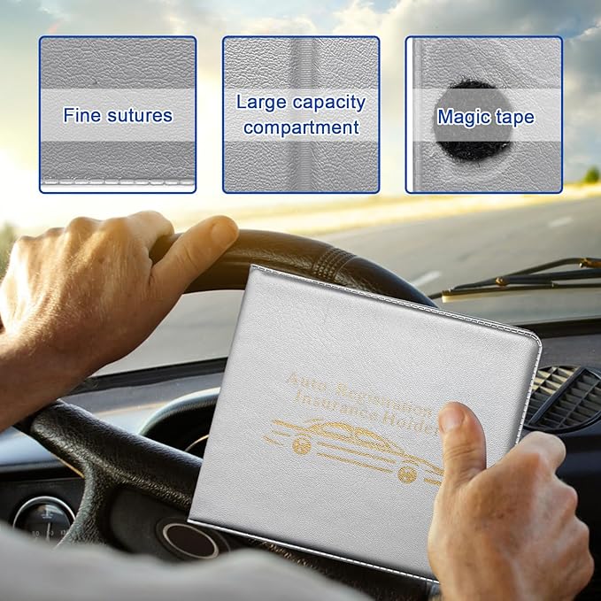 Ziciner Car Registration Insurance Holder, 2Pack Essential Auto Card Document Glove Box Organizer with Touch Fastener, Vehicle Interior Accessories Perfect for Most Car, Truck, SUV (Gray/Gold Words)