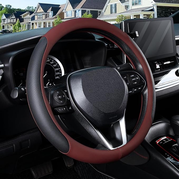 SEG Direct Steering Wheel Cover for 14.5-15 inch Wheels, Breathable PU Leather with Perforated Sides, Anti-Slip Grip, Universal Fit for Cars & SUVs, Black and Burgundy