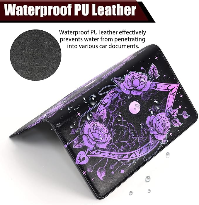 Car Registration and Insurance Holder, PU Leather Auto Document Holder for Men&Women, Vehicle Glove Box Compartment Organizer with Magnetic Shut for Driver's License, Purple Rose Flower Pattern