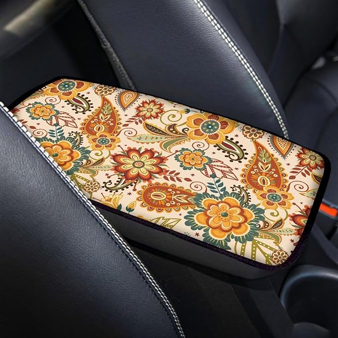 Horeset Retro Flower Auto Center Console Arm Rest Pad Fit SUV Sedan Truck Non-Slip Car Accessories Interior Decor