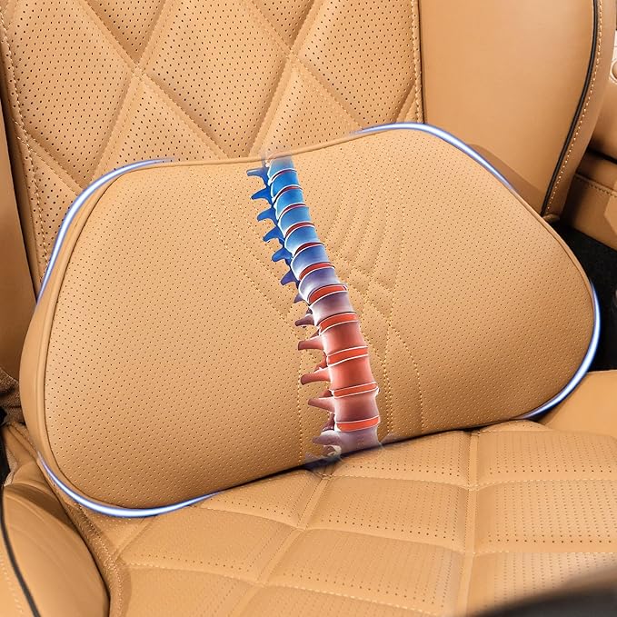 Dapucarin Lumbar Support Pillow for Car Seat, Office Chair Nappa Leather Memory Foam Lower Back Cushion for Back Pain Relief Improve Posture, Ergonomic Back Rest for Gaming Chair, Palomino, 1PC