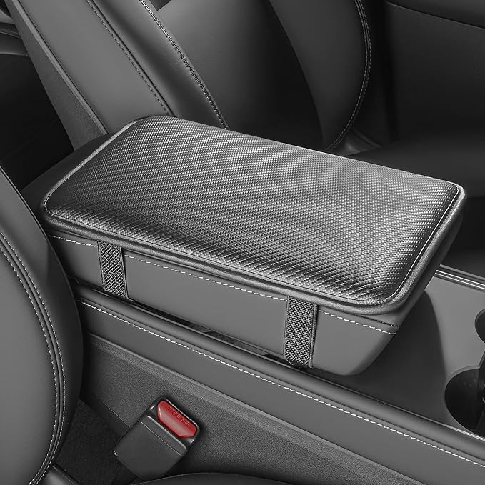 HighnessHwoo Car Armrest Covers, Vehicle Center Console Cover, Middle Storage Pads, Dog & Cat Paws Protetor, Carbon Fiber PU Leather, Waterproof, Anti-Slip, Auto Interior Accessories, Black, Size S