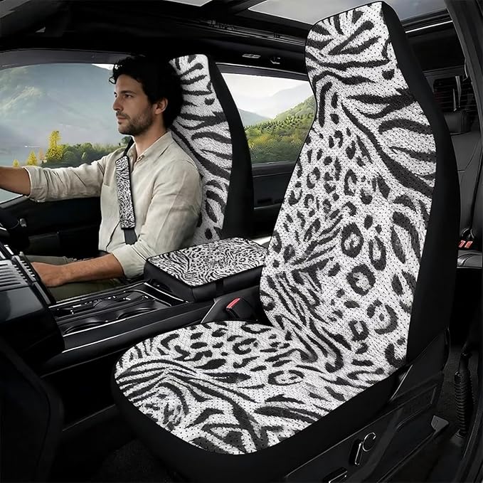 Psesaysky Leopard Zebra Stripe Leather Car Seat Covers for Automotive Front Seats 2PCS + Armrest Cover + Seat Belt Covers 2PCS, Full Set 5PCS Universal Fit for Most Cars Trucks