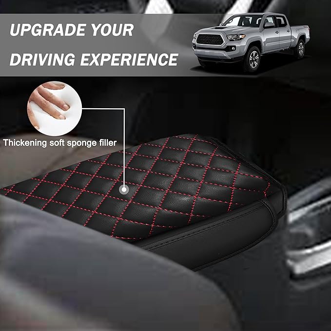 1.2in Thickness Center Console Cover for Tacoma Accessories 2024 2025 2026 Armrest Cover Leather Armrest Box Lid Protector Cushion Pad with Pockets Interior (Red Stitch)