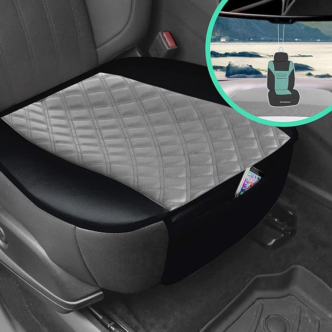 FH Group Faux Leather Front Set Car Seat Cushion Pads with Front Pocket – Universal Fit for Cars Trucks & SUVs (Gray)
