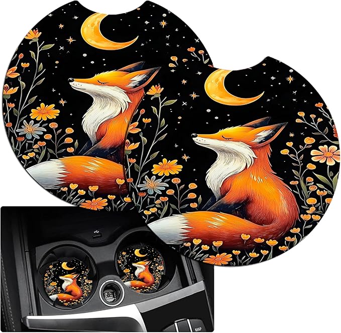 JANENFNA Car Armrest Cover Pads Universal Fashion Cute Auto Center Console Armrest Cover Pad with 2PCS Car Coasters Soft Waterproof Car Armrest Seat Protector for Women,Cute Fox Pattern