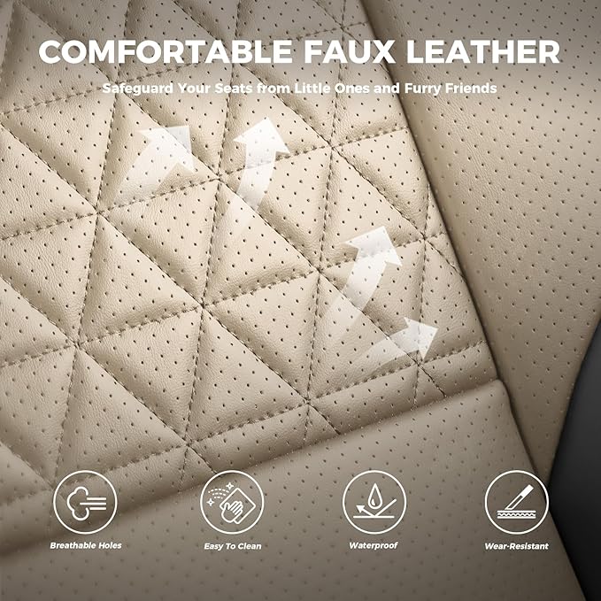 FEINEPRO Black and Beige Car Seat Covers Only Front 2pc - Breathable Faux Leather Universal Seat Covers for Cars, Automotive Protector Fit for Most Sedan SUV Pick-up Truck