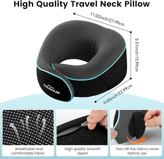 Upgraded Neck Pillow for Airplane Travel - 360° Support Stops Head Bobbing, Memory Foam Travel Pillow With Eye Mask & Earplugs, Portable Carry Bag for Long Flights/Car| Airplane Accessories Black