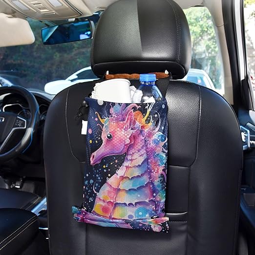 ALAZA Hanging Car Trash Bags Garbage Bag Trash Can for Back Seat Small Sea Horse 2 Washable Storage Bag Retractable 2 Pack