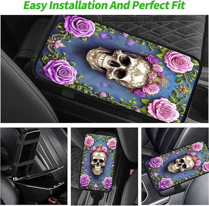JANENFNA Car Armrest Cover Pads Universal Fashion Cute Auto Center Console Armrest Cover Pad with 2PCS Car Coasters Soft Waterproof Car Armrest Seat Protector for Women,Skull with Pink Roses