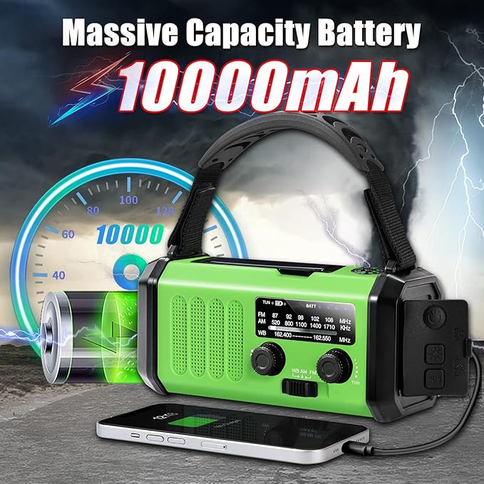 Leaton Hand Crank Emergency Radio, 10000mAh Solar Powered NOAA/AM/FM Weather Radio with Multi-Function LED Flashlight and Cell Phone Charger for Indoor/Outdoor Emergencies