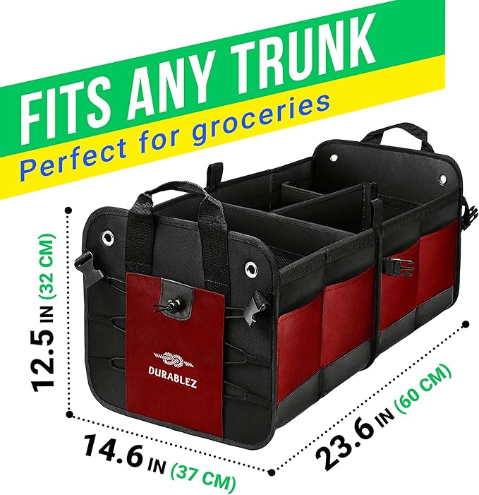 DURABLEZ 2-Section Foldable Trunk Organizer – Compact Car Storage for Groceries, Kids Items, Travel Gear – Dual-Compartment Cargo Bin with Cover Net – Red