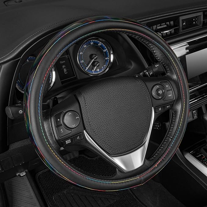 BDK Cute Iridescent Black Steering Wheel Cover for Women, Standard 15 inch Size, Sparkle Faux Leather Car Steering Wheel Cover for Truck Van SUV Auto