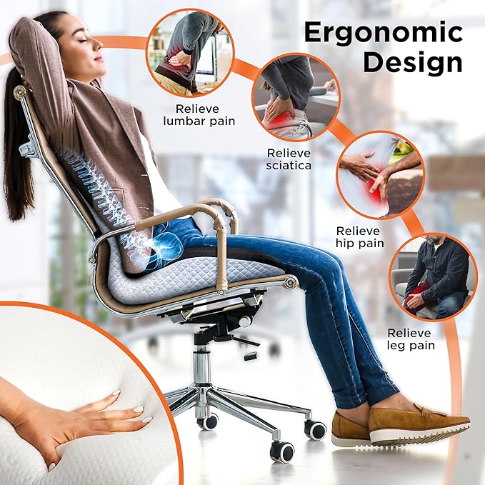 BLACK+DECKER Memory Foam Full Chair Shape Seat Cushion – Lumbar and Seat Cushion Combo for Office, Car, Wheelchair & Airplane – Ergonomic, Tailbone & Back Pain Relief, Washable Cover