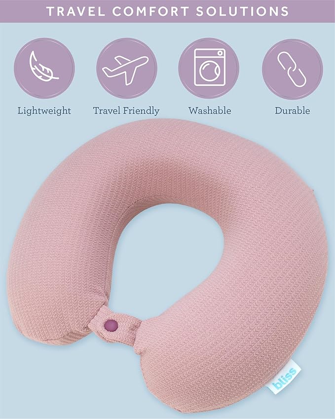 Bliss Neck Pillow - Lightweight U-Shaped Memory Foam Travel Neck Pillow with Snap Closure for Airplanes, Traveling, Offices, Cars, Pink Sweater Knit