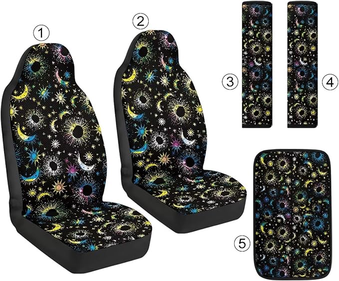 Qeluxign Auto Seat Covers with Car Center Console Cover, Colorful Moon Star Belt Cover PU Leather Breathable Full Set Bucket Seat Covers, Pack of 5, Universal Fit for Sedan,SUV