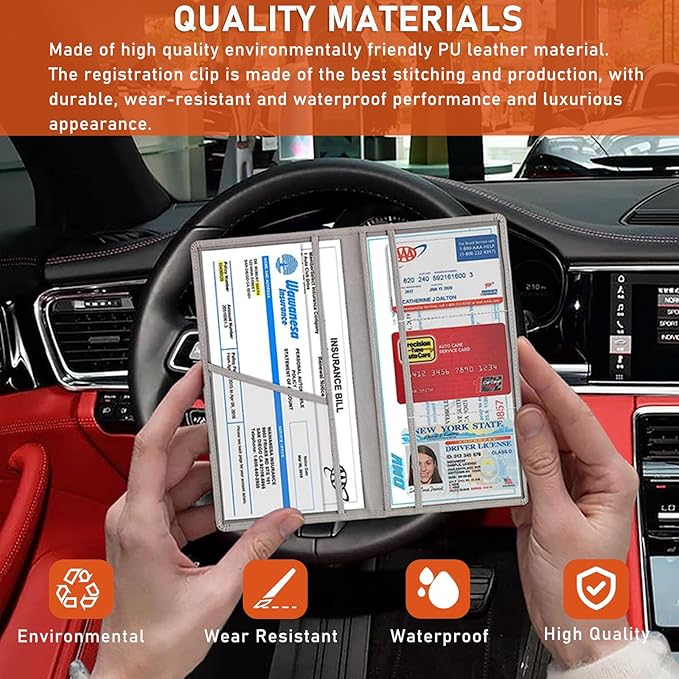 Kewucn Car Registration and Insurance Card Holder, Leather Auto License Document Glove Box Compartment Organizer, Essentials Vehicle Wallet Case for Driver License, ID Card (Gray)