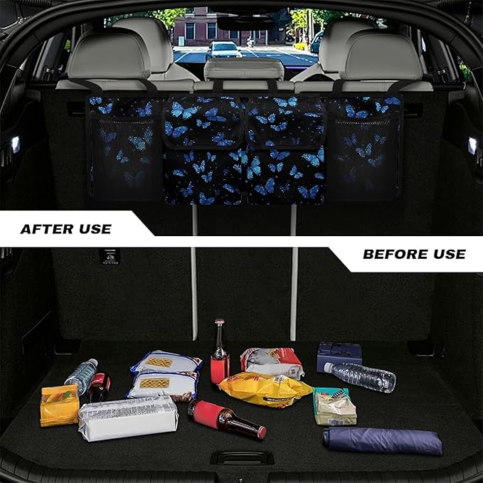 CLOHOMIN Blue Butterfly Car Trunk Organizer for Sedan Truck SUV Fashion Auto Trunk Mesh Storage Easy to Install Car Rear Seat Hanging Storage Bag Car Accessories
