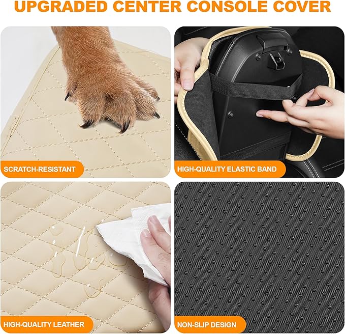 Car Center Console Cover Fit for Mitsubishi Outlander - Upgraded Faux Leather Armrest Cushion with 2 Storage Pockets - Waterproof & Durable Armrest Protector for Car (Beige & Whiteline)