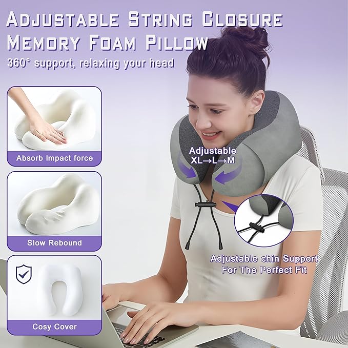 Phent zari Neck Travel Pillow, Upgraded Memory Foam Pillow for Airplane, Machine Washable, Adjustable Flight Pillow, Suitable for Sleeping Airplane, Car, Office and Home (Grey)
