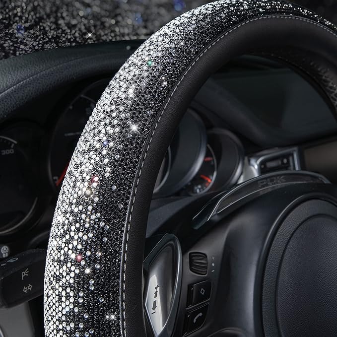 CAR PASS Bling Diamond Leather Steering Wheel Cover, Bling Sparkly Crystal Glitter Rhinestones Universal Fit 14" 1/2-15" Car Wheel Protector for Women Girl Fit Suvs,Vans,Sedans,Trucks, Black Silver