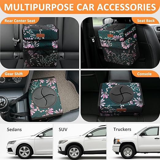 Vankor 3 Gallons Car Trash Can with Lid, Car Trash Bag Bin Hanging Waterproof Automotive Garbage Cans Leak Proof Vehicle Trash Can Navy Floral