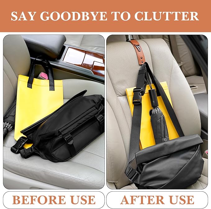 Adorila Car Hooks for Headrest - Backseat Storage Organizer Hangers - PU Leather Strap with Metal Snap Clip for Bags - (Brown, 2-Pack)