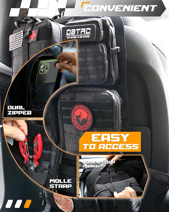 DBTAC Tactical Molle Car Seat Organizer | Vehicle Back Panel with 5X Detachable Pouches, US Flag & Writable Reflective Patch for Cars, Trucks, SUVs, Sedans