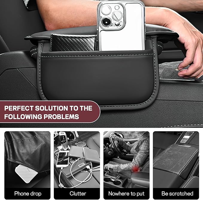 wuyaoyao Car Center Console Cover, Leather Memory Foam Armrest Cover Cushion with 2 Storage Bags, Universal Car Armrest Seat Box Pad Car Interior Accessories Protector for Most Vehicle (Black)