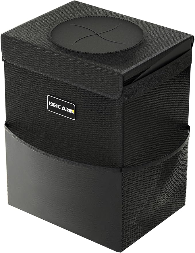 Beicarin Car Trash Can with Lid - Trash Bag Hanging with Storage Pockets Leak-Proof Organizer Collapsible and Portable Waterproof Garbage Bin, 2.2 Gallons Multipurpose Trash Bin for Car