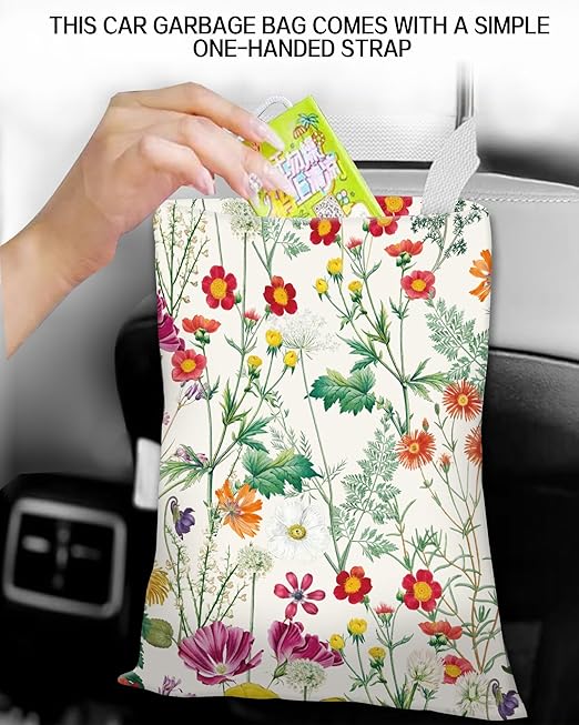 ANKVRP Car Trash Can, Durable Hanging Car Trash Garbage Bag, Cute Automotive Garbage Cans Organizer, Cute Colorful Wildflower