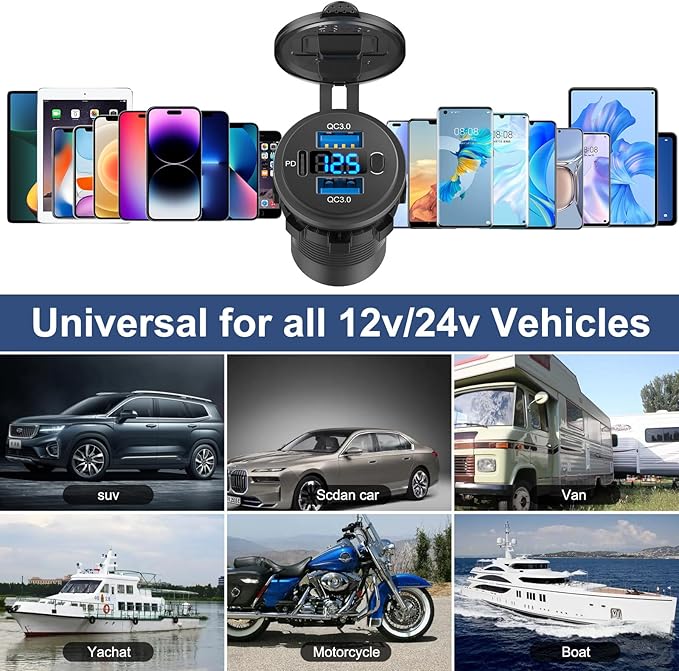2 Pack 12 Volt USB Outlet Dual Quick Charge 3.0 Port and PD3.0 USB C Car Battery Chargers Socket, Waterproof 12V Power Outlet Cigarette Lighter Replacement DIY Kit with Voltmeter and Switch