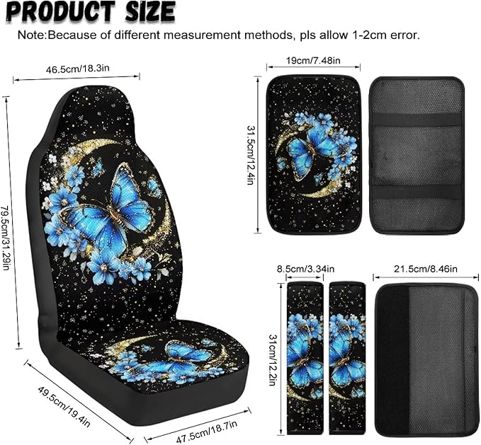 Qeluxign 5 Piece Car Accessories Set with 2 PU Leather Seat Covers, Butterfly Moon Star Floral 2 Belt Pads & 1 Armrest Cover Fit for Most Vehicles Easy Install & Clean