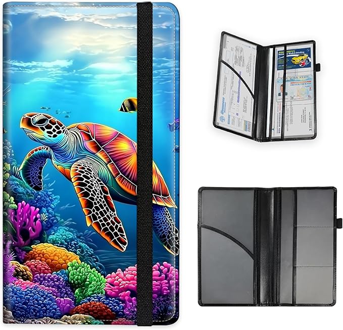 Tudguiloae Car Registration and Insurance Card Holder, Trunk Document Holder Organizer, Essential Vehicle Glove Box Organizer PU Leather Wallet for Driver,Colorful Sea Turtle
