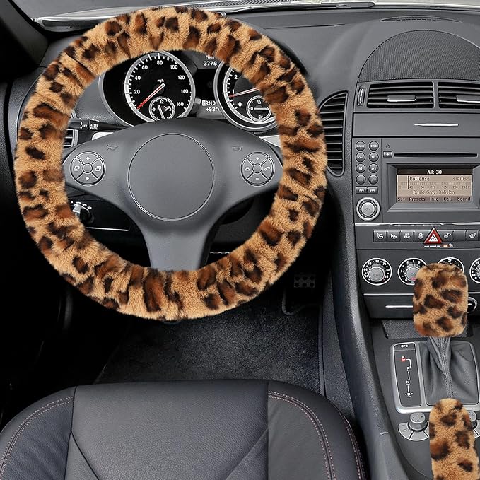 Accmor Fuzzy Car Steering Wheel Cover, Universal Fit Fur Auto Wheel Cover & Handbrake Cover & Gear Shift Cover Set, Anti-Slip Leopard Warm Fluffy Vehicle Wheel Protector Car Accessories for Men Women