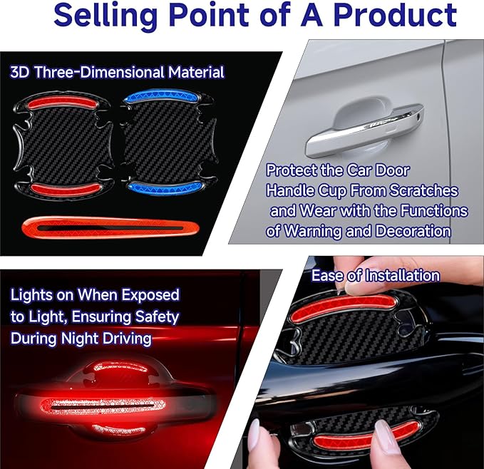 16Pcs 3D Car Door Handle Scratch Protector Sticker,Carbon Fiber Reflective Door Cup Guard,Red&Blue Exterior Car Accessories,Universal Anti-Scratch Guard Stickers Universal for Most Car Handle