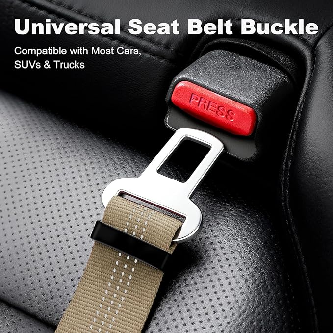 APakBak Dog Seat Belt for Car, Adjustable Dog Car Harness Seatbelt for Small Medium Large Dogs, Heavy Duty Travel Safety Restraint with Locking Aluminum Hook & Reflective Nylon Strap, Beige