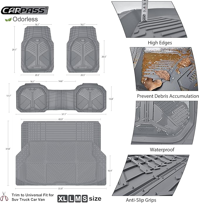 CAR PASS Heavy Duty Rubber Car Mats with Cargo Liner, Deep-Dish Car Floor Mats and Trunk Mat All Weather, Universal Trim-to-Fit for SUVs Trucks Sedans, Waterproof Anti-Slip, Trimmable V12 Gray