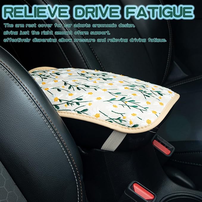 Embroidered Flowers White Cute Daisy Car Armrest Storage Box Mat,Embroidered Car Center Console Cover, Car Armrest Seat Box Cover Accessories Interior Protection for Most Vehicle, SUV, Truck, Car