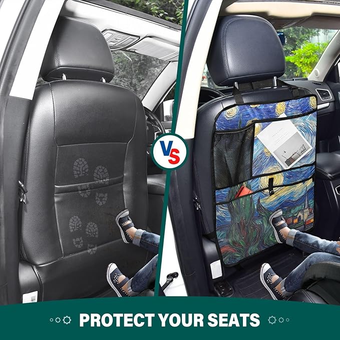 JIPONI Car Backseat Organizer, Van‘Gogh Starry Art Automotive Back Seat Protector, Kick Mats with Storage Pockets for Kids Pets, Road Trip Accessories (2 Pack)