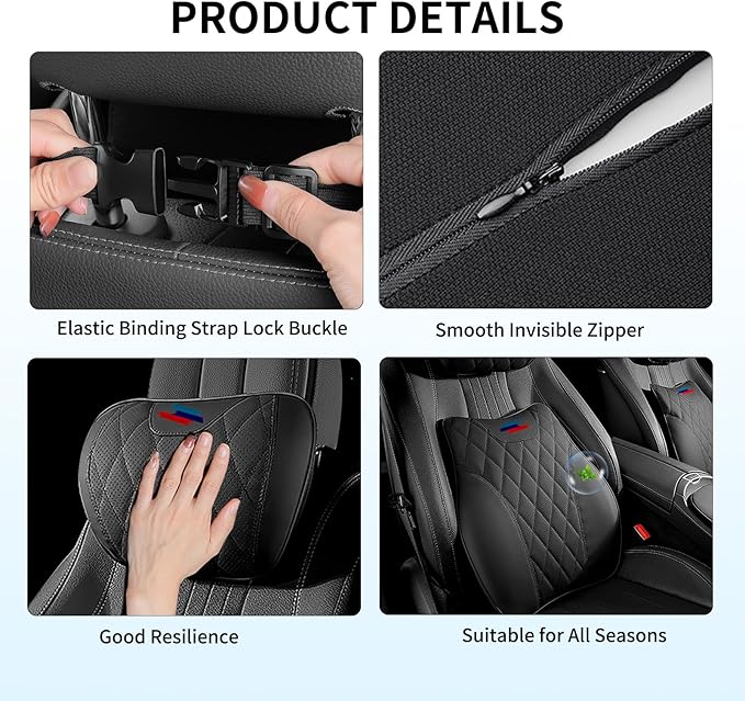 Anti-Stain Nappa Leather Car Neck Pillow for BMW New X3 X5 X2 X4 X1 X6 X7 2 3 4 5 7 Series Seat Headrest Neck Pillow, Soft Memory Foam Headrest with Lumbar Support Accessories (Black-bm-2 pcs)