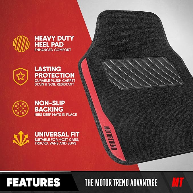 Motor Trend SpeedSeries Carpet Car Floor Mats Set - Versatile Fit for Cars, Trucks, SUVs, Vans Red Trim Racing Design Car Mat Full Set Tapetes para Carro - Set of 4, Black & Red Car Carpet Mats