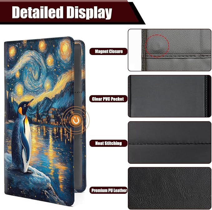 Car Document Holder with Magnetic Shut, Car Registration and Insurance Card Holder, Vehicle Glove Box Organizer Documents, Driver License, Auto Paperwork Organizer Wallet, Penguin Under The Starry Sky