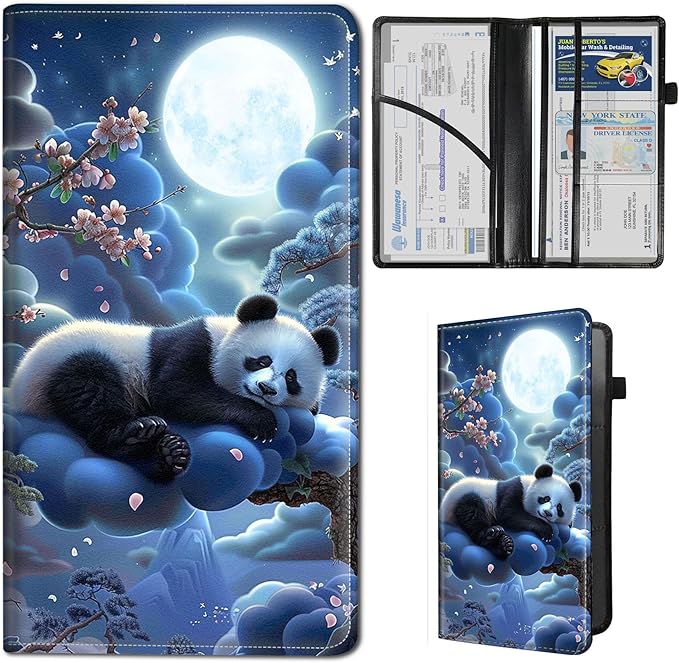 Qindaiwen Car Registration and Insurance Holder, Vehicle Card Document Elastic Band Closure Glove Box Organizer, Driver License Cards, Car Accessories for Essential Info, Panda